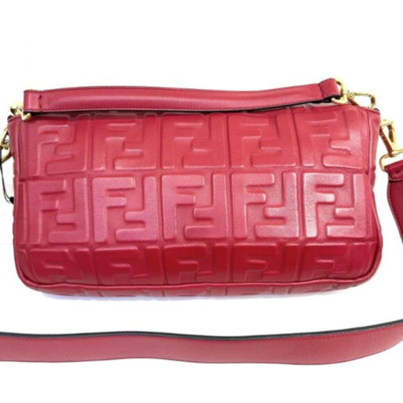 Fendi Zucca Embossed Baguette Red Calf Leather Satchel - Picture 2 of 8